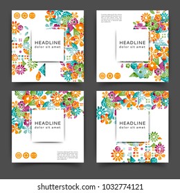 Set of square color brochures, book template  with floral background