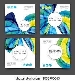 Set of square color brochures, book template with abstract lines and waves
