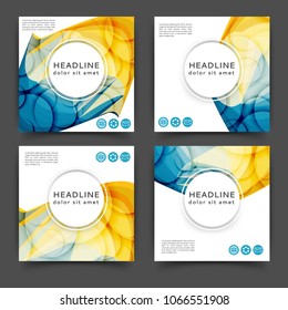 Set of square color brochures, book template with abstract lines and waves