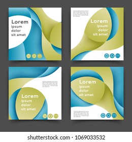 Set of square color brochures, book template with abstract lines and waves