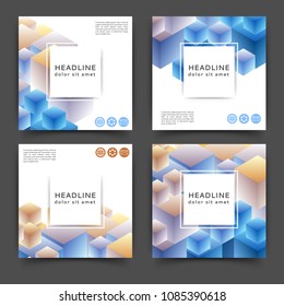 Set of square color brochures, book template with abstract cubes