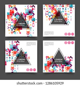 Set of square color brochures, book template with geometric elements