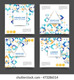 Set of square color brochures, book template with geometric elements 