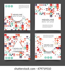 Set of square color brochures, book template with geometric elements 