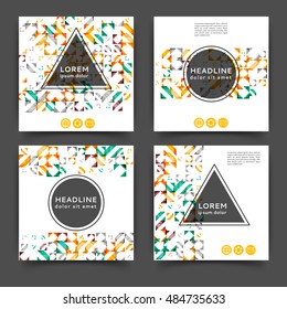 Set of square color brochures, book template with geometric elements 