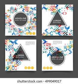 Set of square color brochures, book template with geometric elements 