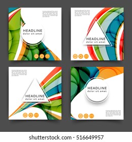 Set of square color brochures, book template with abstract lines and waves