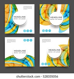Set of square color brochures, book template with abstract lines and waves