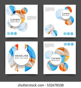 Set of square color brochures, book template with abstract lines and waves