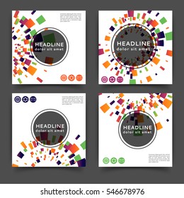 Set of square color brochures, book template with geometric elements 