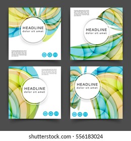 Set of square color brochures, book template with abstract lines and waves
