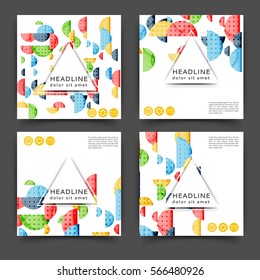Set of square color brochures, book template with geometric elements 