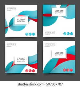 Set of square color brochures, book template with abstract lines and waves