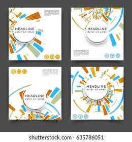 Set of square color brochures, book template with geometric elements 