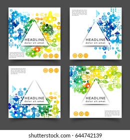 Set of square color brochures, book template  with floral background