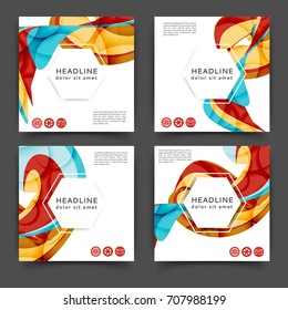 Set of square color brochures, book template with abstract lines and waves