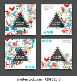 Set of square color brochures, book template with geometric elements