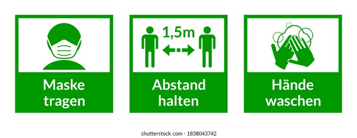 Set of Square Coronavirus Covid-19 Instruction Sticker Icons in German including Wear a Mask, Keep Your Distance 1,5m or 1,5 Meters and Wash Your Hands. Vector Image.