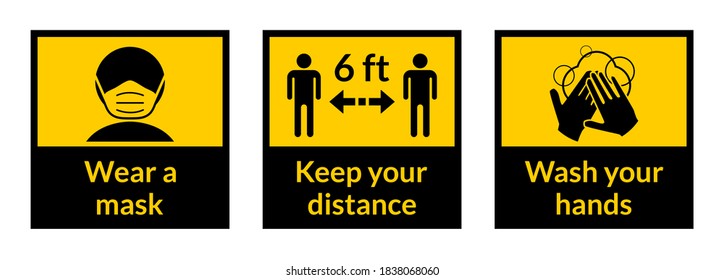 Set of Square Coronavirus Covid-19 Instruction Sticker Icons including Wear a Mask, Keep Your Distance 6 ft or 6 Feet and Wash Your Hands. Vector Image.