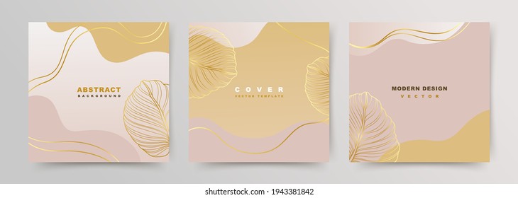  Set of square covers with luxury elegant minimalist backgrounds. Social media stories and post templates. Greeting card and invitation. Vector floral shapes, gold on pink beige background. - Shutterstock ID 1943381842