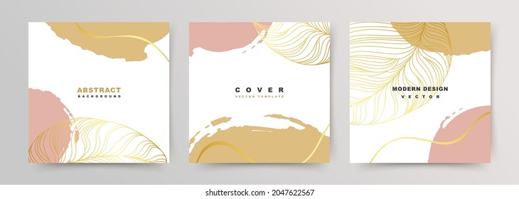 Set of square covers with luxury elegant backgrounds. Social media stories and post templates. Greeting card and invitation. Vector floral shapes, gold and pink on a white background