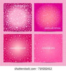 Set of square covers with random, chaotic, scattered circles in pink, cherry color. Vector backgrounds, business templates for flyer, card, brochure, package, placard.