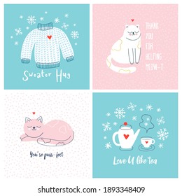 Set of square cozy winter themed postcards with cute hand drawn illustrations