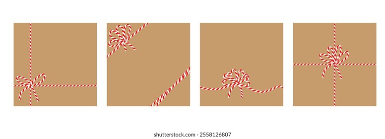 Set of square craft brown backgrounds with candy cane ribbon. Christmas packing string for decoration and present. Vector  illustration