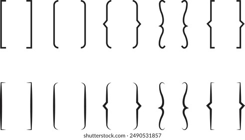 Set of Square and Curly double braces. Symmetric brackets pair, punctuation symbols for mathematics. Frames for math in flat styles. Retro parenthesis signs for text quote on transparent background.