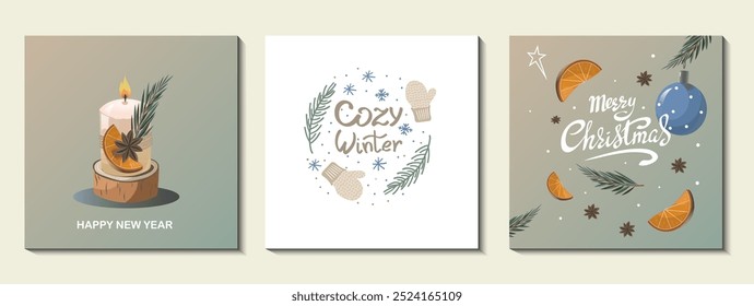 A set of square cute cards with lettering Merry Christmas, cozy winter. Vector with Christmas candle decorated with dried orange and cardamom, knitted mittens  in the shape of a Christmas wreath, toy.