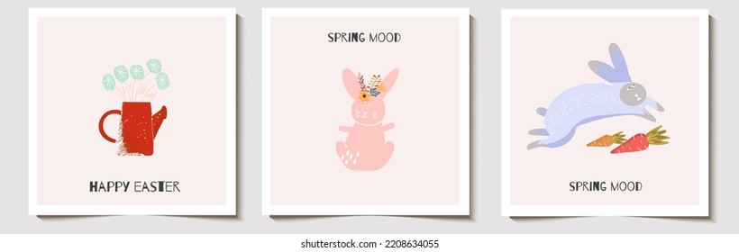 Set of square cute, spring, easter background, cards, cute bunny, rabbit, hare, garden watering can with flowers, in gentle pstel color palette, for spring sale, easter invitation.