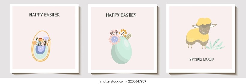 Set of square cute, spring, easter background, cards, cute character, lamb, rainbow basket with flowers, egg, in gentle pastel palette, for spring sale, easter invitation.