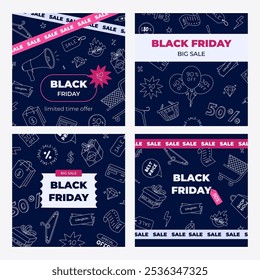 Conjunto de Anuncios cuadrados oscuros para Black Friday con línea blanca doodle para ir de compras. Concepto con Clipart dibujado a mano divertido para la venta grande para el post de las redes sociales, Plantilla de fondo, Sitio web, promoción.