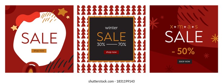 Set of square decorative banners for winter, new year and Christmas sales with red and gold abstract elements in boho style. Backgrounds for ads and promos in social networks. Flat vector illustration