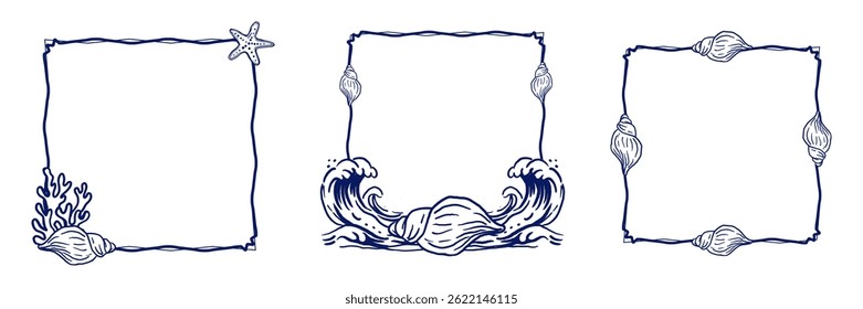 Set square decorative frames with a marine theme. Designs feature shells, coral branches, a wave, and a starfish. Hand-drawn vector illustrations. Perfect for summer postcards, posters, packaging