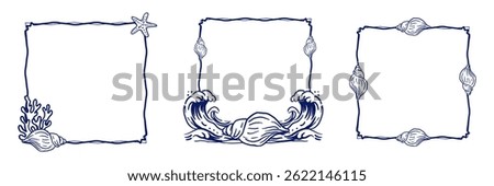 Set square decorative frames with a marine theme. Designs feature shells, coral branches, a wave, and a starfish. Hand-drawn vector illustrations. Perfect for summer postcards, posters, packaging