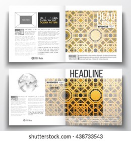 Set of square design brochure template. Islamic golden vector texture, geometric pattern, abstract ornament. Beautiful background with arabic calligraphy which means -Eid al Fitr- for muslim community