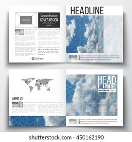 Set of square design brochure template. Beautiful blue sky, abstract geometric background with white clouds, leaflet cover, business layout, vector illustration.