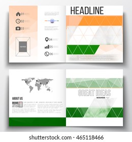 Set of square design brochure template. Background for Happy Indian Independence Day celebration with Ashoka wheel and national flag colors, vector illustration.