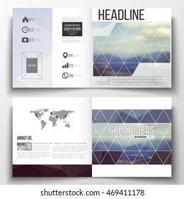Set of square design brochure template. Abstract colorful polygonal backdrop, blurred background, mountain landscape, modern stylish triangle vector texture