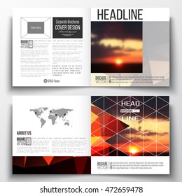 Set of square design brochure template. Colorful polygonal backdrop, blurred natural background, amazing summer sunset view, modern stylish triangle vector texture