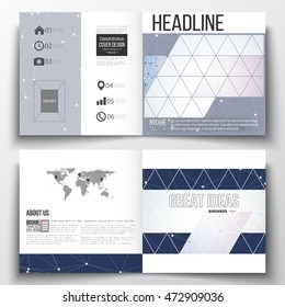 Set of square design brochure template. Polygonal low poly backdrop with connecting dots and lines, connection structure, blue background. Science vector