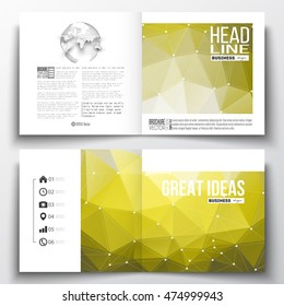 Set of square design brochure template. Molecular construction with connected lines and dots, scientific pattern on abstract yellow polygonal background, modern stylish triangle vector texture
