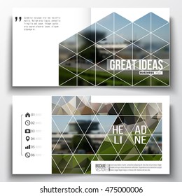 Set of square design brochure template. Abstract colorful polygonal background, blurred image, airport landscape, modern stylish triangular vector texture