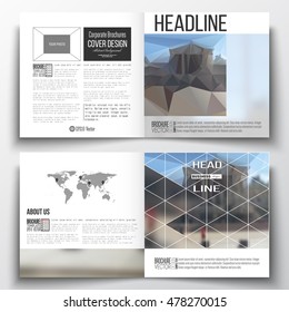 Set of square design brochure template. Polygonal background, blurred image, urban landscape, modern stylish triangular vector texture