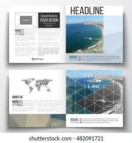 Set of square design brochure template. Colorful polygonal backdrop, blurred background, sea landscape, modern triangle vector texture