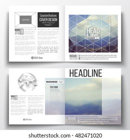 Set of square design brochure template. Abstract colorful polygonal backdrop, blurred background, mountain landscape, modern stylish triangle vector texture