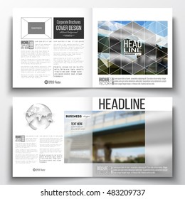 Set of square design brochure template. Colorful polygonal background, blurred image, urban scene, modern stylish triangular vector texture