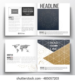 Set of square design brochure template. Abstract polygonal low poly backdrop with connecting dots and lines, golden background, connection structure. Digital or science vector