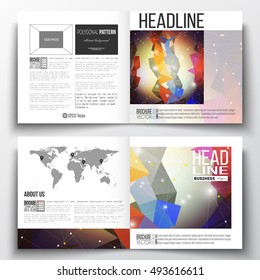 Set of square design brochure template. Molecular construction with connected lines and dots, scientific pattern on abstract colorful polygonal background, modern stylish triangle vector texture